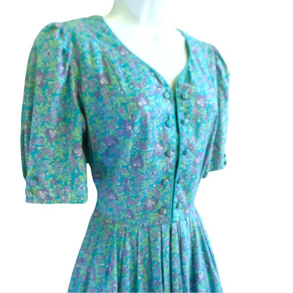 Laura Ashley Vintage Midi Blue Purple Floral Pleated Full Skirt Puff Sleeve Zip - Picture 5 of 11